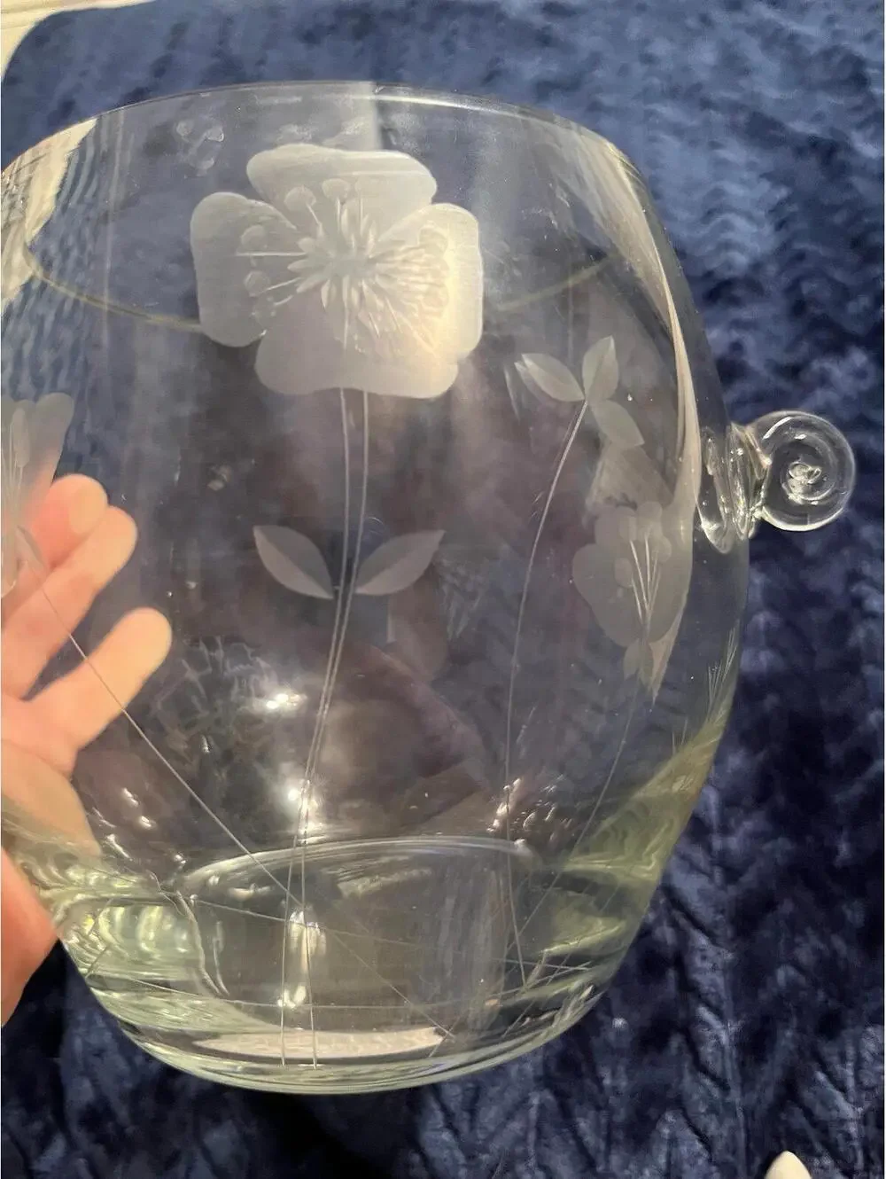 Crystal etched wine cooler or ice bowl, small handles, floral etching